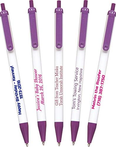 USA Made, Personalized Writing Ink Ballpoint Novelty Pens, Custom Printed with Your Logo & Text (Pack of 250 White Pens with Purple Trim)
