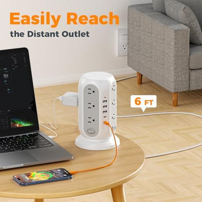 TESSAN Tower Power Strip Surge Protector, Flat Extension Cord 6 Ft, Grey