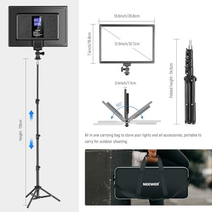 NEEWER 13" LED Video Light Panel Kit, 2 Pack Bi Color Dimmable with Tripod Stand, 4000mAh Battery, 3200K-5600K CRI97+, USB, for Studio/Streaming/YouTube, Black, NL-192AI