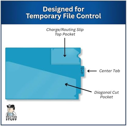 Doctor Stuff - Center Tab Vinyl Outguides, Diagonal Cut Front Pocket, Top Charge Out Slip Pocket, Plastic File Folder, Letter Size 9" x 13-1/4", Light Blue, 50/Box
