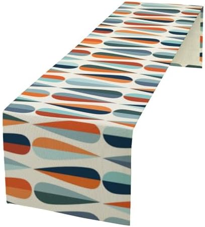 Mid Century Modern Table Runner Retro Blue Orange Grey Water Droplets Geometric Table Runner for Kitchen Dining Room Dining Table Decoration 13x108in