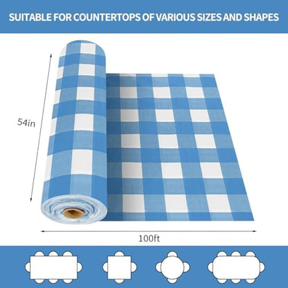 CXPSINC 54 Inch X 100 Feet Plastic Table Cover Roll Disposable Tablecloth with Slide Cutter for All Type/Shape Tables | Party, Banquet, Birthdays, Weddings(Blue Checkered, 100 Feet)