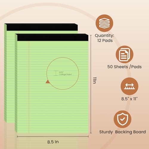 12pcs Legal Pads 8.5 x 11, Perforated Color Notepad 8.5x11, 50Sheets/Pad