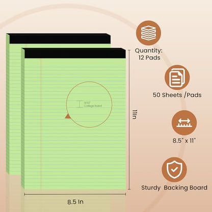 12pcs Legal Pads 8.5 x 11, Perforated Color Notepad 8.5x11, 50Sheets/Pad
