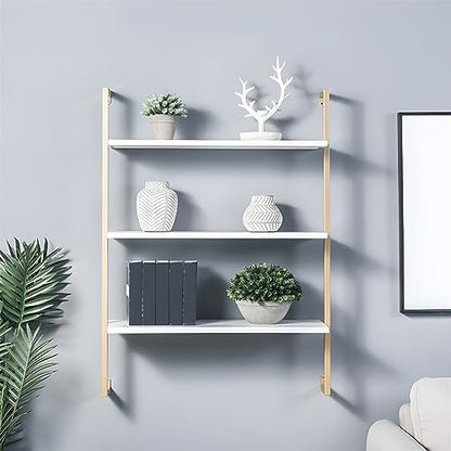 Contemporary Wall Unit Bookcase Metal Frame Pine Wood Shelf Bookshelf Wall-Mounted Bookshelf Wrought Iron Bag Rack Multi-Layer Clothing Store Decoration White Gold 31.5" L x 9.8" W x 42.5" H