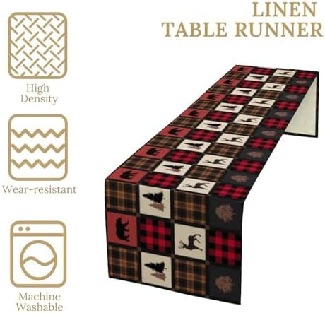 Rustic Bear Table Runner, Vintage Cottage Country Style Pine Tree Elk Wildlife Dinner Runner for Home Kitchen Dining Table Decoration 13"x36"
