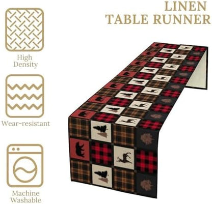Rustic Bear Table Runner, Vintage Cottage Country Style Pine Tree Elk Wildlife Dinner Runner for Home Kitchen Dining Table Decoration 13"x36"