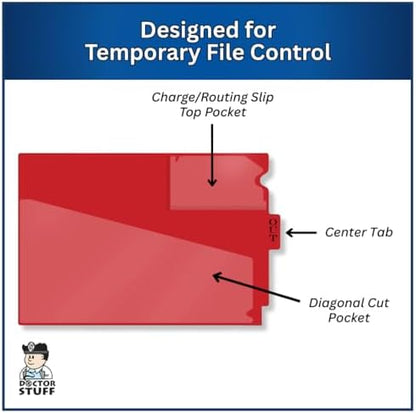 Doctor Stuff - Center Tab Vinyl Outguides, Diagonal Cut Front Pocket, Top Charge Out Slip Pocket, Plastic File Folder, Letter Size 9" x 13-1/4", Red, 25/Box