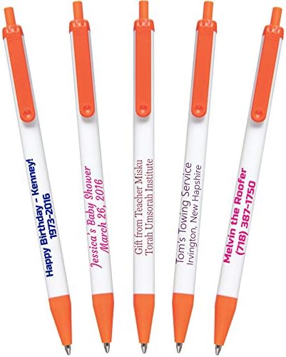 USA Made, Personalized Writing Ink Ballpoint Novelty Pens, Custom Printed with Your Logo & Text (Pack of 100 White Pens with Orange Trim)