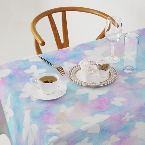 Rainbow Butterfly Tablecloth, Colorful Pink Blue White Butterflies Cartoon Print Table Cover for Farmhouse Kitchen Dining Room Table Decor 60x120in