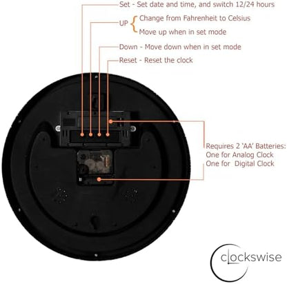 Clockswise 12-inch Wall Clock, Non-Ticking Analog & Digital with Temperature Display Battery Powered, Silent Operation, Switchable Time and Date - Perfect for Classroom Office Bedroom and Study, Black