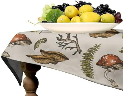 Vintage Woodland Mushroom Tablecloth, Nature Forest Plants Botanical Ferns Print Table Cloth for Farmhouse Kitchen Party Picnic Dinner Decor 55x55in