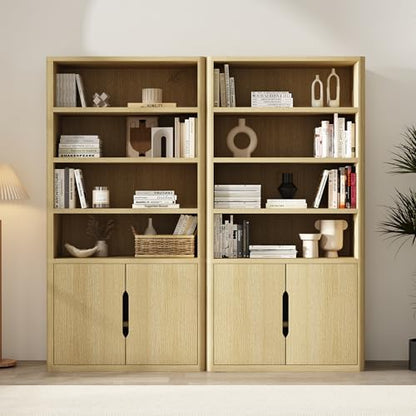 Manhattan Comfort Rivington Bookshelf, 79" Tall 4 Open Shelve Bookcase with Adjustable Shelves, Soft Close Doors for Living Room or Home Office, Rounded Corner Storage Cabinet, Set of 2 in Natural Oak