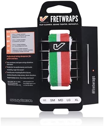 Gruv Gear Fret Wrap & Guitar Mute, Fretwrap for Acoustic, Electric & Bass | String Dampener Recording, Tapping & Practice Accessory (1 Pack, Small Green/White/Red, Fits 4 String Bass, 6 String Guitar)