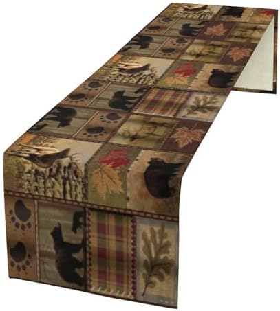 Rustic Moose Deer Bear Table Runner, Retro Vintage Bear Cottage Country Style Cabin Farmhouse Dinner Runner for Home Kitchen Dining Table Decoration 13"x90"