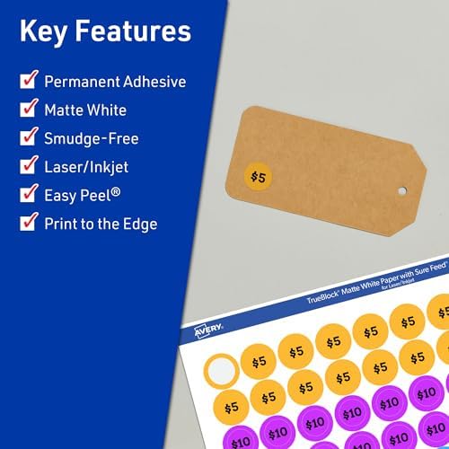 Avery® TrueBlock® Matte White Round Labels, Sure Feed® Technology, 0.5" Diameter, 7,700 Matte White Labels, Print-to-The-Edge, Laser/Inkjet Printable, Great for Product Merchandising Stickers