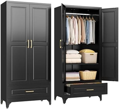 SteeLoong 71”H Metal Wardrobe Cabinet,Armoire Wardrobe Closet with Drawer