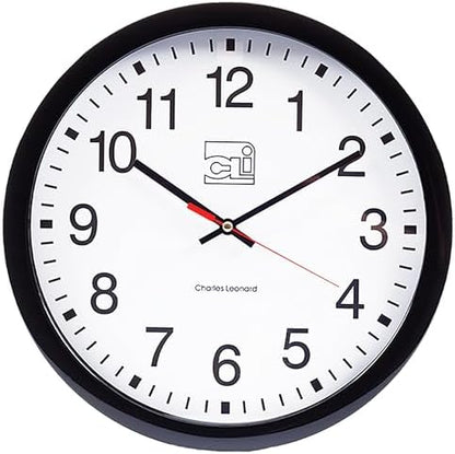 Charles Leonard Round Wall Clock, 14 Inch Thinline Quartz with 12 Inch Dial, Analog with Second Hand, Black/White (76820)