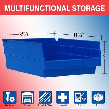 Akro-Mils 30150 Heavy Duty Plastic Shelf Bins, 12"x 8"x 4", Blue, 12-Pack