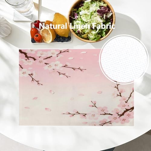 Batmerry Pink Cherry Blossom Linen Placemats Set of 4, Delicate Spring Blossoms Washable Table Mats for Kitchen Table Thickened Heat Insulation Dining Set Indoor Outdoor 12X18 in