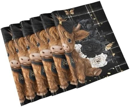 ALAZA Highland Cow Rose Butterfly Set of 6 Placemats Rectangle Table Mat for Dining Table Restaurant Kitchen Home Decor, 12" x 18"