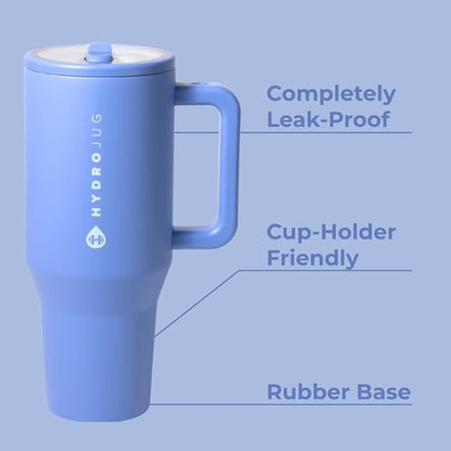 HydroJug Traveler - 32 oz Water Bottle with Handle & Flip Straw - Fits in Cup Holder, Leak Resistant Tumbler-Reusable Insulated Stainless Steel & Rubber Base - Gifts for Women & Men, Light Blue