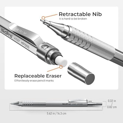 Nicpro 0.5 & 0.7 & 0.9 mm Metal Mechanical Pencil Set with Case-6 Pack