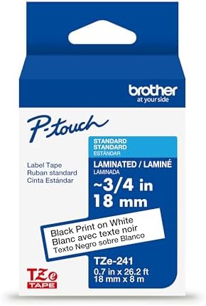 Brother Genuine P-Touch TZE-241 Tape, 3/4" (0.70") Standard Laminated P-Touch Tape, Black on White, Perfect for Indoor or Outdoor Use, Water Resistant, 26.2 Feet (8M), Single-Pack