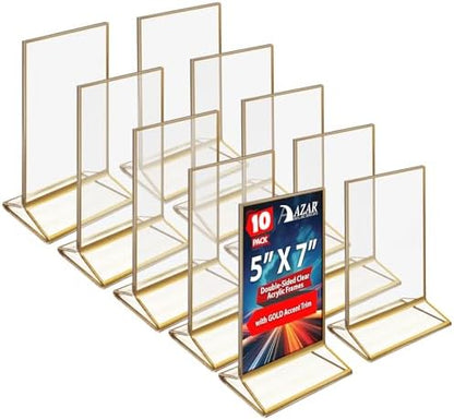 Azar Displays 152799-GLD-10PK Gold Trim Double-Sided Clear Acrylic Frames – Elegant Display Frames for Weddings, Events, and Photos | Premium 5x7 Tabletop Sign Holders (10-Pack)