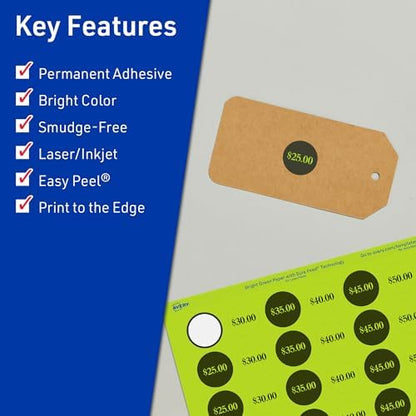 Avery Printable Round Labels, Sure Feed Technology, 1/2" Diameter, Bright Green Labels, Print-to-the-Edge, Laser/Inkjet, 3,080 Total, Great for Price Stickers and Mailing Seals
