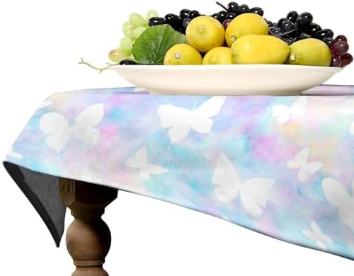 Rainbow Butterfly Tablecloth, Colorful Pink Blue White Butterflies Cartoon Print Table Cover for Farmhouse Kitchen Dining Room Table Decor 60x120in