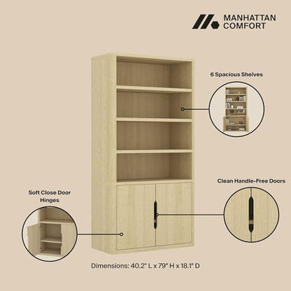 Manhattan Comfort Rivington Bookshelf, 79" Tall 4 Open Shelve Bookcase with Adjustable Shelves, Soft Close Doors for Living Room or Home Office, Rounded Corner Storage Cabinet, Set of 2 in Natural Oak