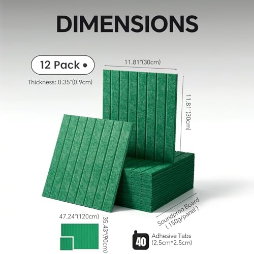 Slat Felt Wall Tiles (12 Pack) - 11.8"x11.8" Self-Adhesive Bulletin Board for Wall, Acoustic Panels for Sound Dampening, Modern Black Pin Board, Home Office Decor (30x30cm)
