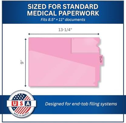 Doctor Stuff - Center Tab Vinyl Outguides, Diagonal Cut Front Pocket, Top Charge Out Slip Pocket, Plastic File Folder, Letter Size 9" x 13-1/4", Pink, 25/Box