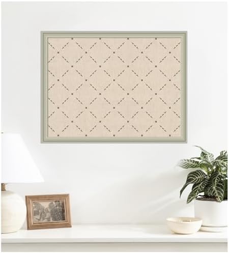 Kate and Laurel Framed Fabric Pinboard 26 x 20, Green Lattice Pattern Printed Linen Classic Bulletin Board for Use as a Vision Board or Wall Organization, Florence Silver Frame