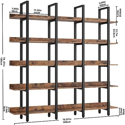 IRONCK Book Shelf Triple Wide Bookshelves 5 Tiers with Back Fence