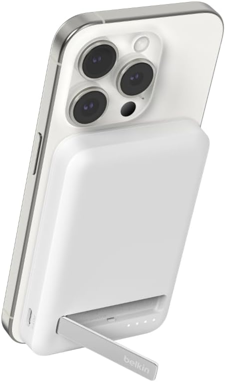 Belkin Portable Charger, Wireless Power Bank 15W 5000 mAh w/ Qi2 - MagSafe Charger w/Built-in Pop-up Kickstand - iPhone 17, Air, Pro, Pro Max, AirPods, Apple Watch, Google Pixel 10, etc. - White