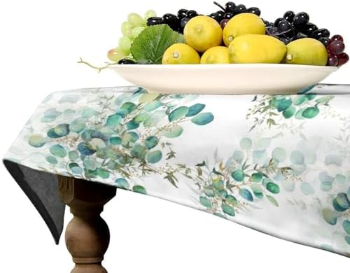 Spring Botanical Tablecloth, Watercolor Sage Green Eucalyptus Leaves Print Table Cloth Cover for Kitchen Dining Indoor Outdoor Decor 55x75in