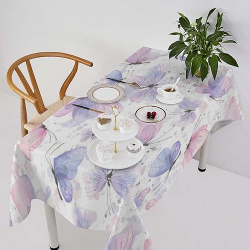 Purple Butterfly Tablecloth, Watercolor Pink Butterfly Abstract Cartoon Print Table Cloth for Farmhouse Kitchen Dinning Room Picnic Parties Home Decor 60x110in