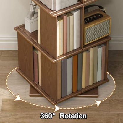 GAMAK Rotating Bookshelf Kids 360 Display 3-4 Tier Revolving Bookcase with Brake Wheels Floor Standing Bookcase Narrow Bookshelf for Small Spaces Natural Wood (Color : Walnut, Size : Moving_Three)