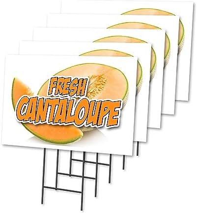 Fresh Cantaloupe 5 Pack of 12" x 16" Yard Sign & Stake Outdoor Plastic Window | Advertise Your Business | Stake Included Image On Both Sides | Made in The USA