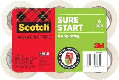 Scotch Sure Start Packing Tape Clear | Quiet Unwind | Easy Start Technology | 1.88 in x 25 yd | 6 Rolls, Pack of 6