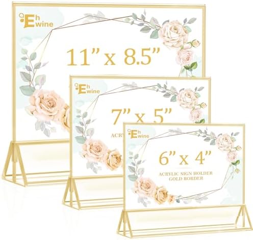 EHWINE 12 Pack Acrylic Sign Holder 5 x 7 Horizontal, Double-Sided Stand up Table Top Sign Holders, Gold Acrylic Picture Frame Menu Flyer Paper Holder Display Stand for Office Business Store Wedding Party