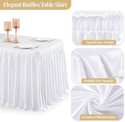 Wish Care 6ft White Satin Table Skirt for Rectangle Tables Wrinkle Free Teacher Desk Skirt Glitter Ruffle Table Skirting Cloth for Office Wedding Birthday Baby Shower Party Banquet Table Decorations