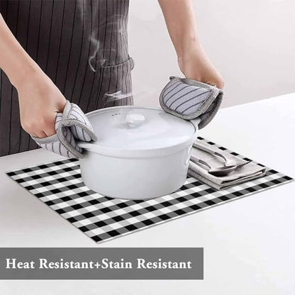 Rustic Black White Buffalo Check Plaid Pattern Placemats Set of 6, Farmhouse Heat Resistant Washable Table Place Mats Cotton Table Linens Party Holiday Decor for Kitchen Dining Outdoor Indoor