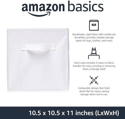 Amazon Basics Collapsible Fabric Storage Cubes Organizer with Handles,Sturdy,White,10.5-x-10.5-x-11-inch,6 Count (Pack of 5)