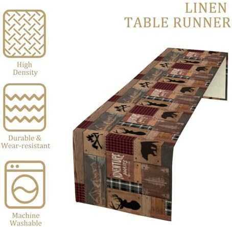 Rustic Cabin Moose Deer Bear Table Runner, Retro Bear Cottage Country Style Cabin Farmhouse Dinner Runner for Home Kitchen Dining Table Decoration 13"x60"