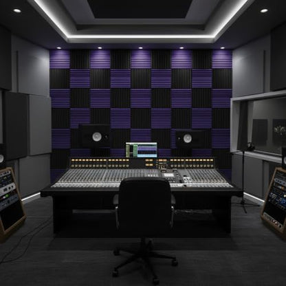 52 Pack 12 "X 12 "X1" Acoustic Panels Studio Soundproofing Foam Wedge Tiles(Accompanied By Double-Sided Adhesive Tape) (24Black+24purple)