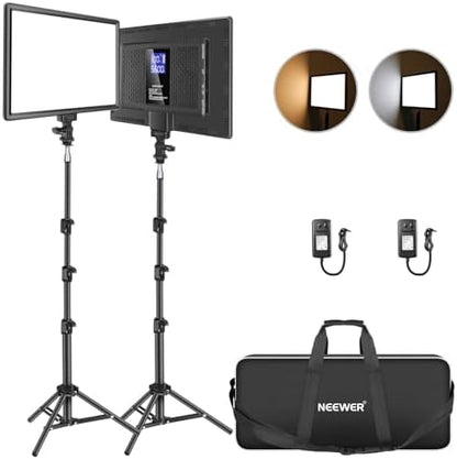 NEEWER 13" LED Video Light Panel Kit, 2 Pack Bi Color Dimmable with Tripod Stand, 4000mAh Battery, 3200K-5600K CRI97+, USB, for Studio/Streaming/YouTube, Black, NL-192AI