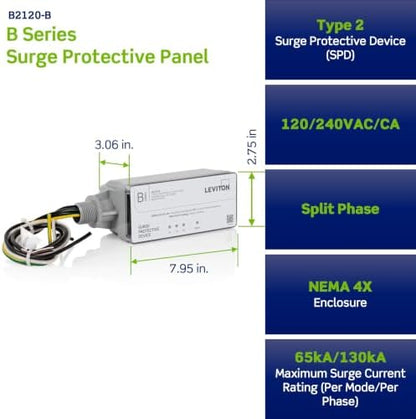 Leviton Type 2 Surge Protective Panel, 120/240 VAC, Split Phase, 130kA per Phase, B2120-B